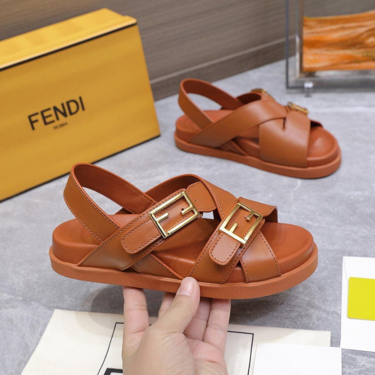 Fendi 26S Flat Sandals Brown Calfskin