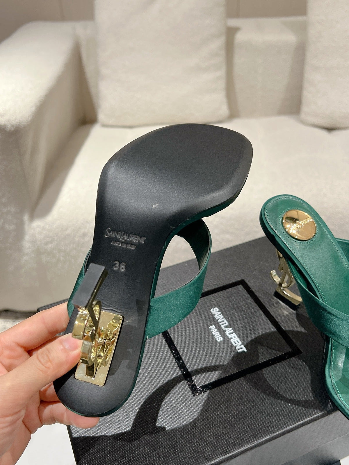 YSL 26S Heeled Thong Sandals 8.5cm Dark Green Satin