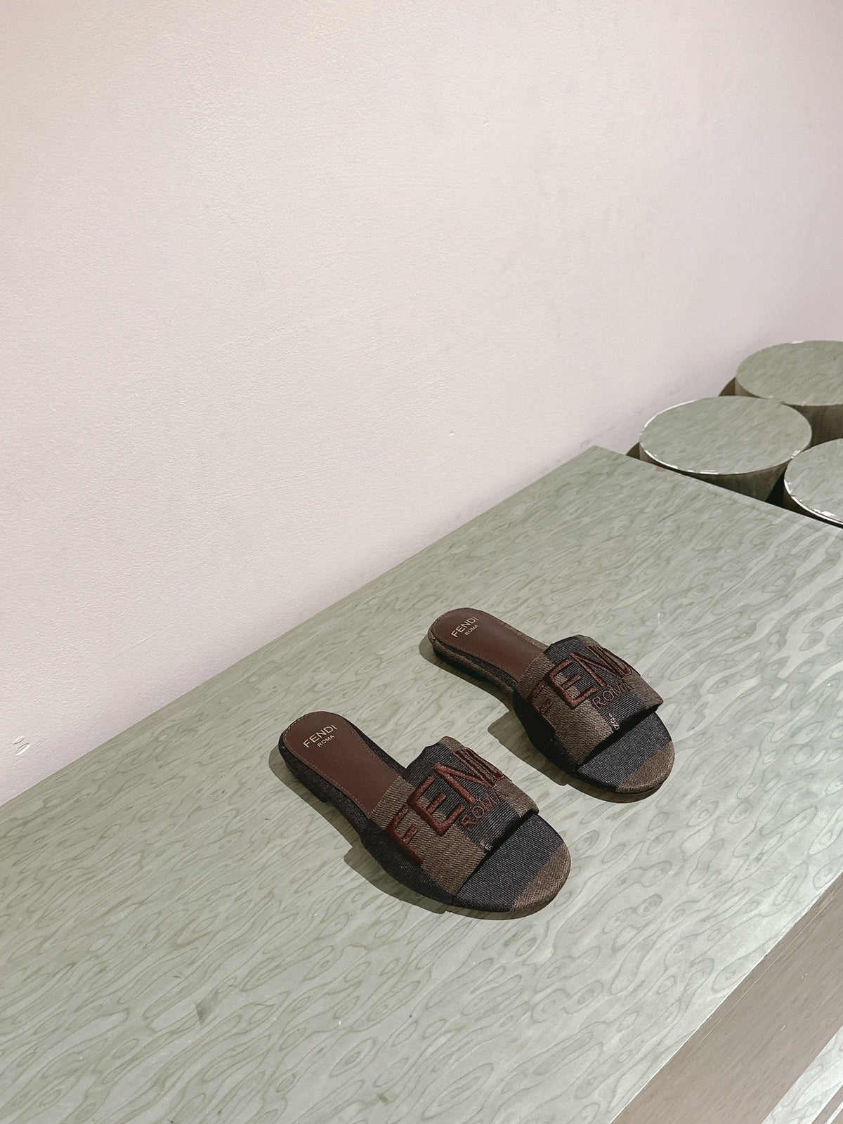 Fendi 26S Slide Sandals Khaki & Dark Brown Canvas
