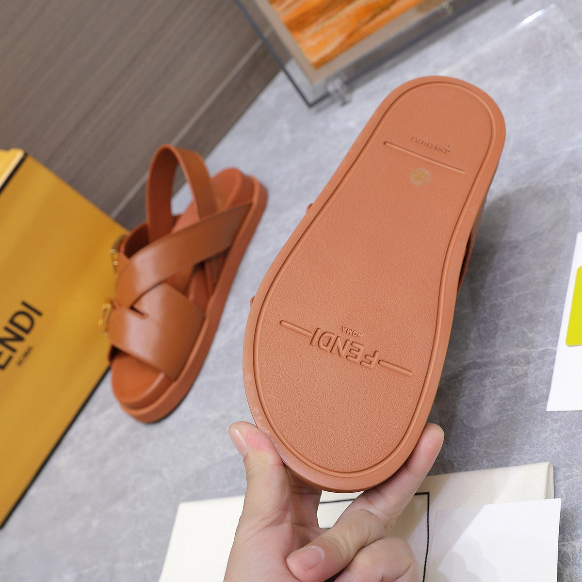 Fendi 26S Flat Sandals Brown Calfskin