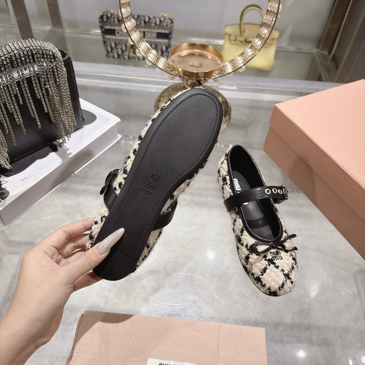 Miumiu 26S Mary Jane Flats Black And Beige Tweed Fabric