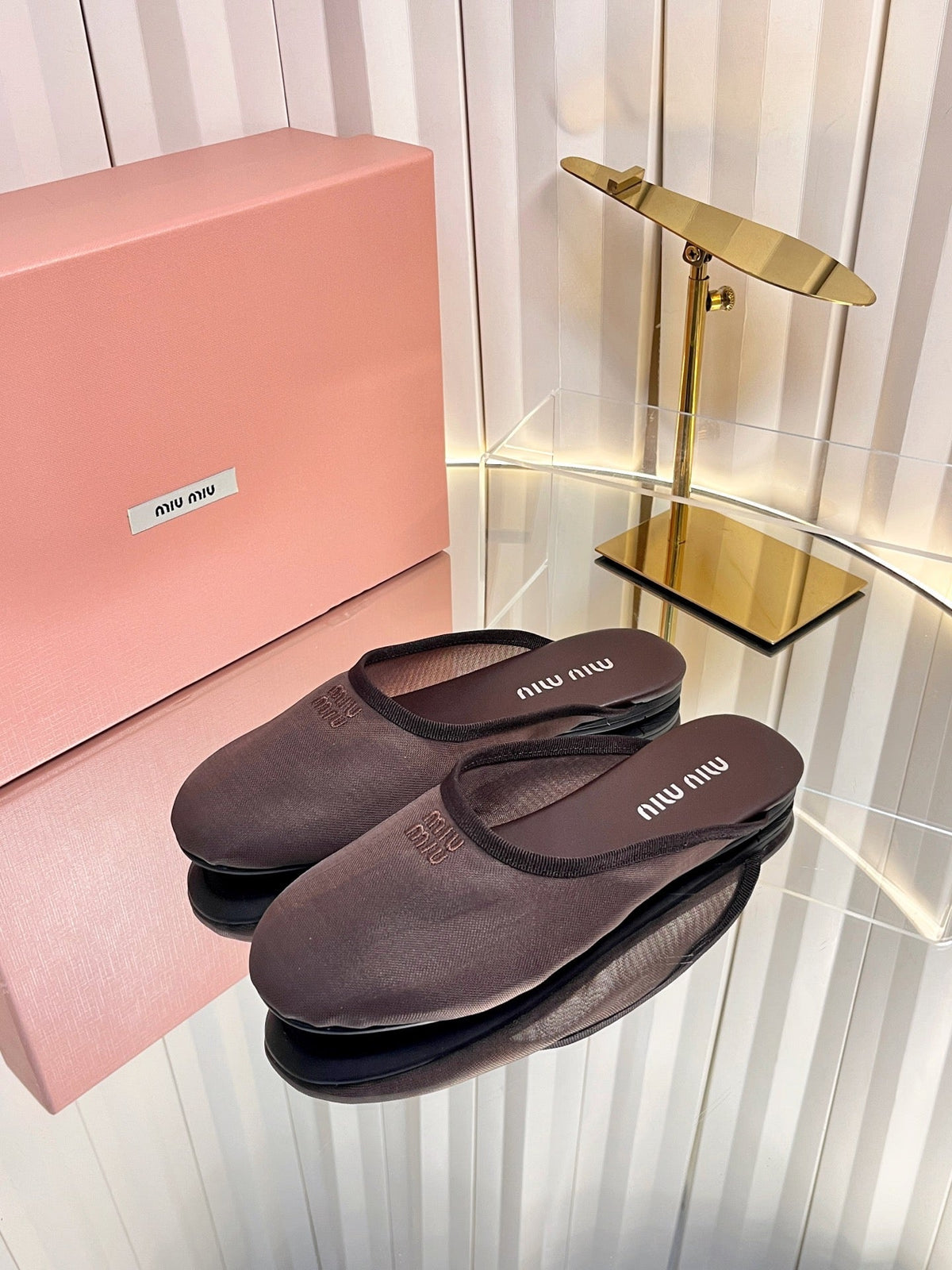 Miumiu 26S Flat Mules Chocolate Brown Fabric And Leather