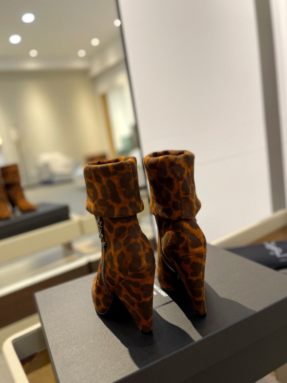 YSL 26s Leopard Ankle Boots Brown Black Suede 145334