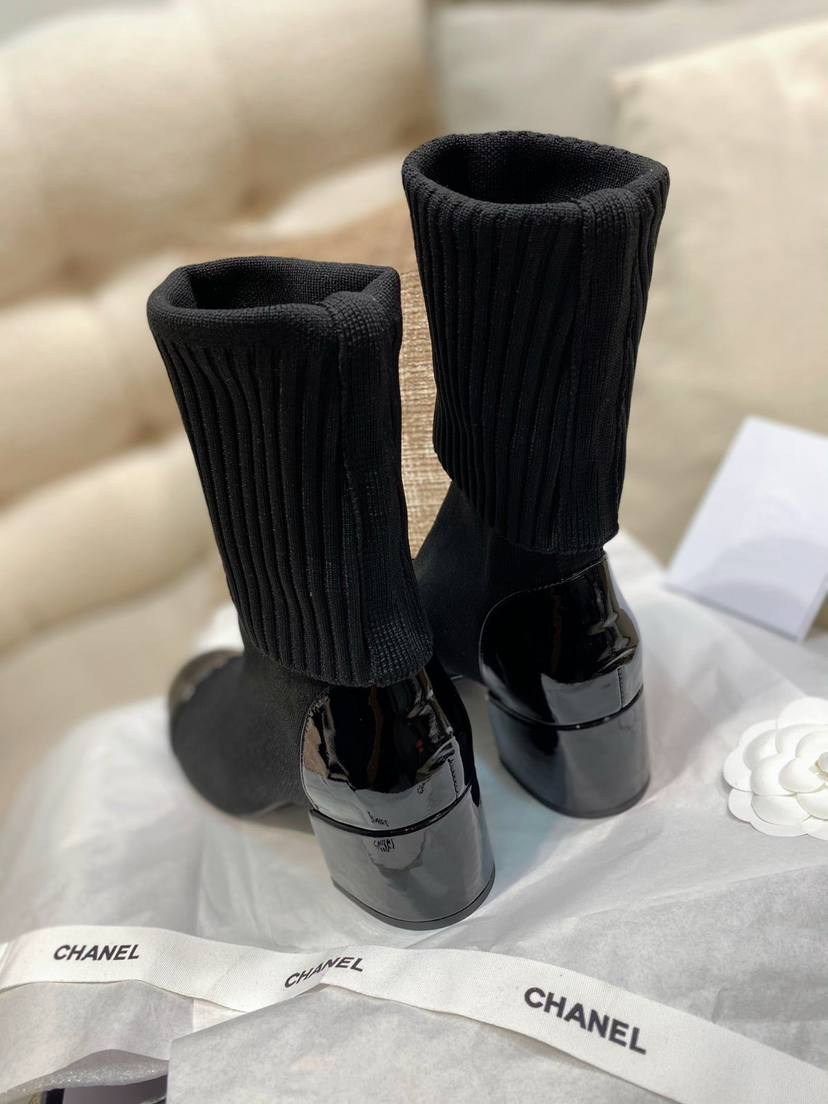 Chanel 26s Sock Boots 5.5cm Black Knit Patent Leather 156617