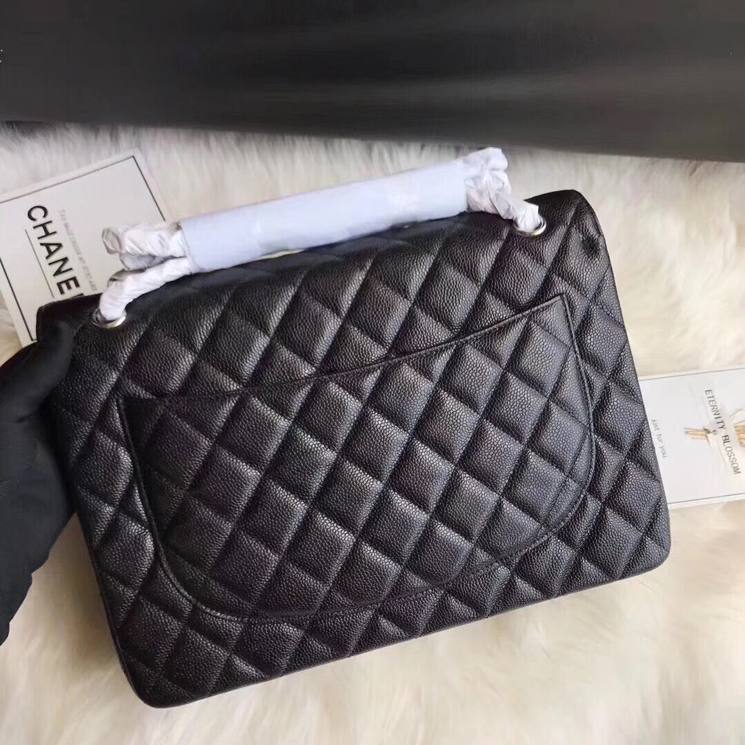 FLAP BAG 33CM BLACK CAVIAR SILVER HARDWARE